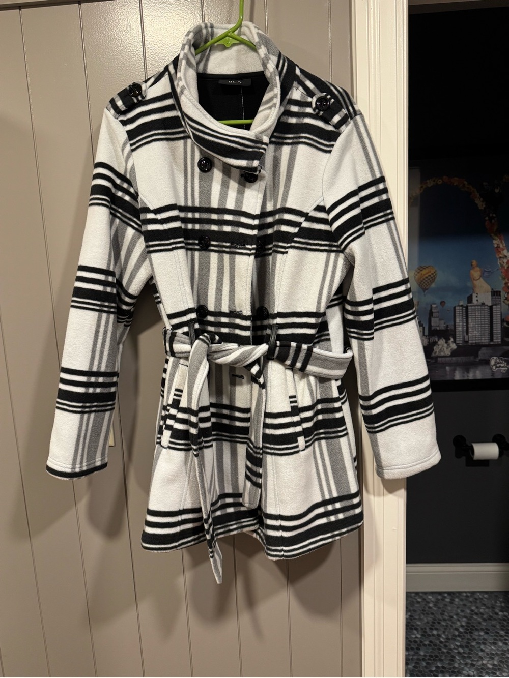 BCX Black and White Plaid Belted Trench Coat
